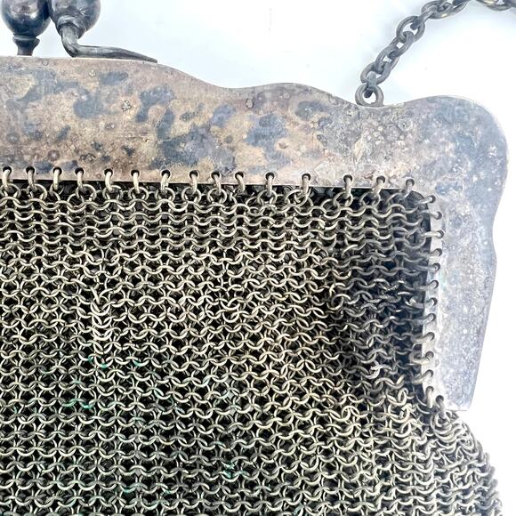 Antique German Silver Mesh Purse 6" x 5.5" with 9" Strap Drop - Picture 10 of 11